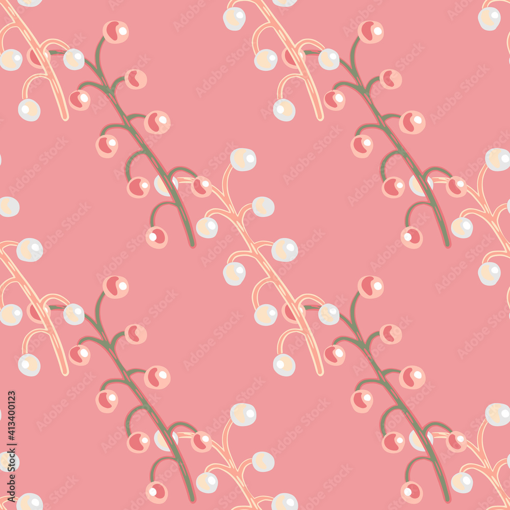 Pastel tones seamless pattern with botanic berry branches ornament. Pink background. Simple design. Pastel tones seamless pattern with botanic berry branches ornament. Pink background. Simple design.