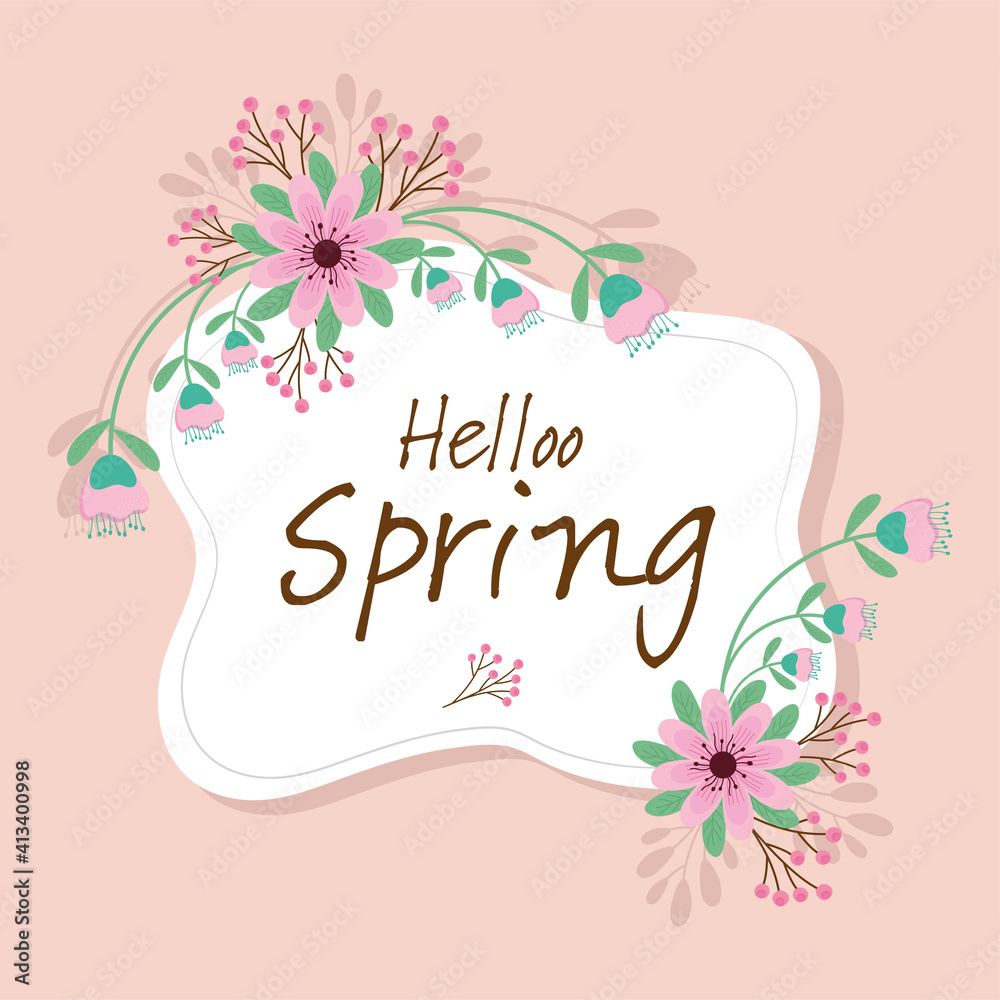 hello spring lettering seasonal card with pink flowers garden frame vector illustration design
