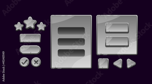 set of stone rock game ui board pop up and button for gui asset elements vector illustration