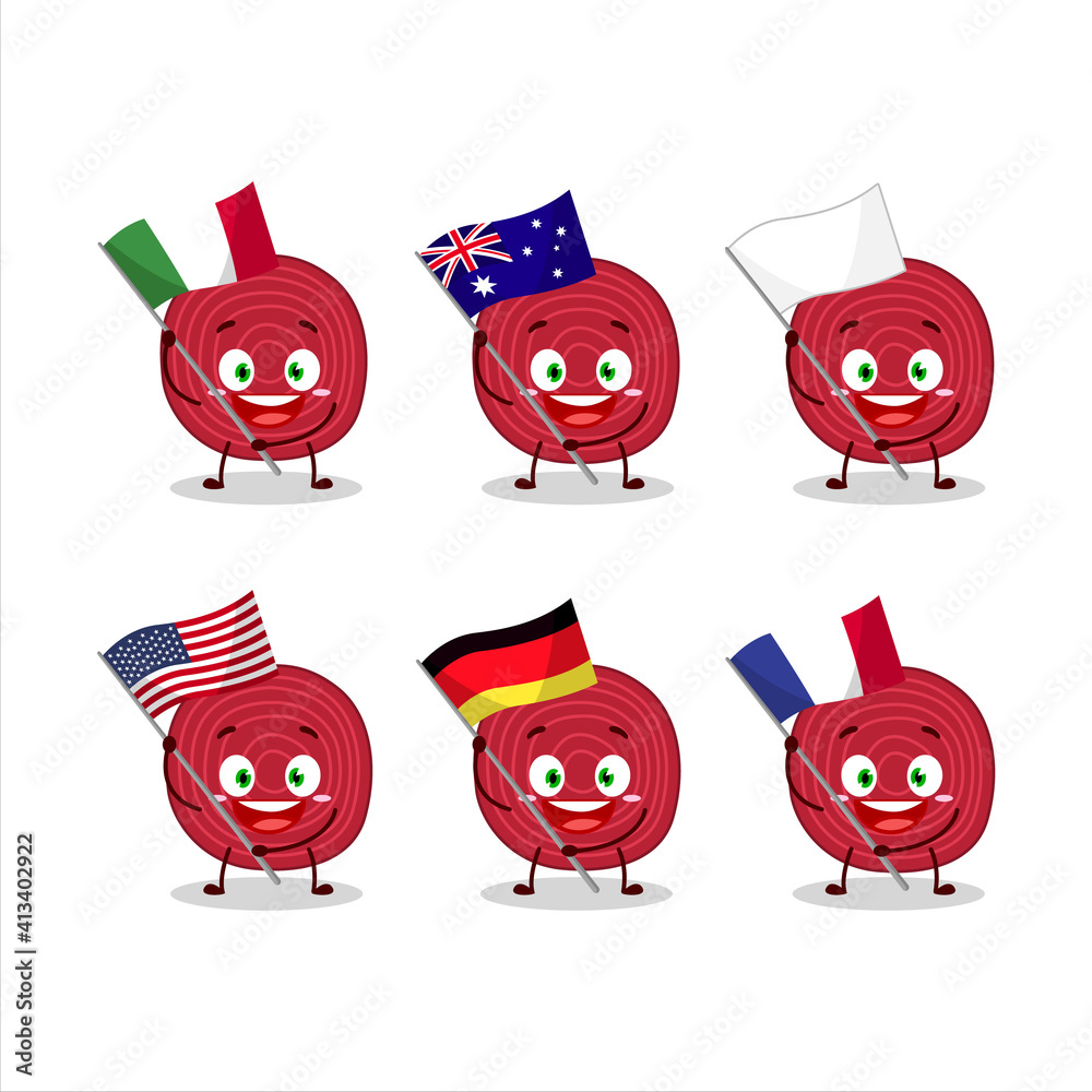 Slice of beet cartoon character bring the flags of various countries Slice of beet cartoon character bring the flags of various countries