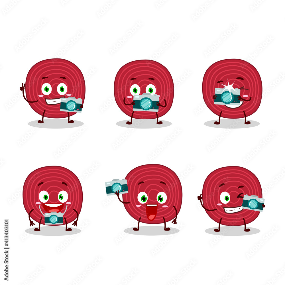 Photographer profession emoticon with slice of beet cartoon character