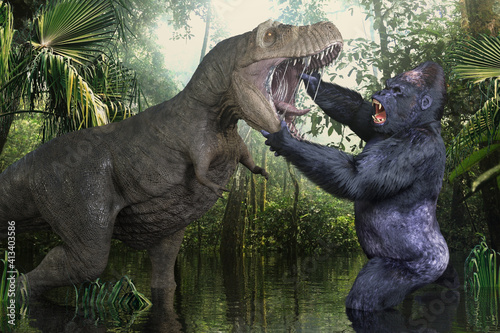 Fototapeta Naklejka Na Ścianę i Meble -  ジャングルの奥地で噛み付いてくる獰猛なティラノサウルスを漆黒の巨大なゴリラが両手を使って食い止めている攻防戦