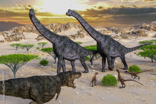 二頭のプラキオサウルスに三匹のヴェロキラプトルが迫る後ろに一匹のティラノサウルスがお腹をすかせて捕食しようと迫る © iARTS_stock