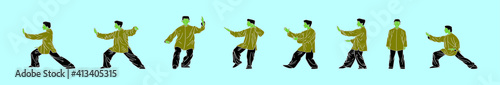set of taichi pose cartoon icon design template with various models. vector illustration isolated on blue background