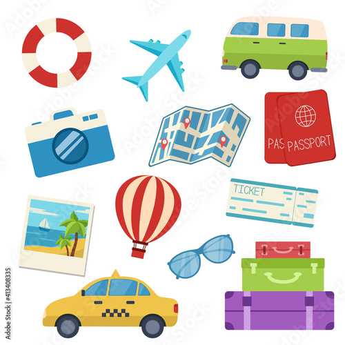 Travel icons set. Vector illustration of flat style vacation 
