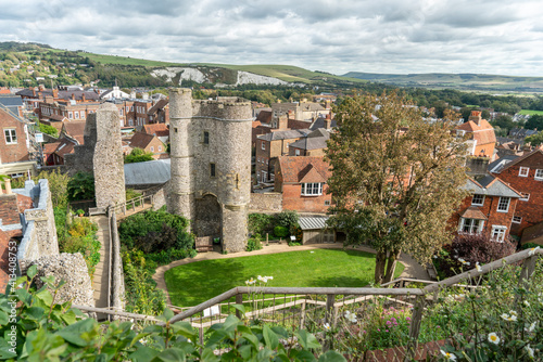 Norman Lewes Castle conservation area at Wallands Park, East Sussex county town with city landscape in background. photo