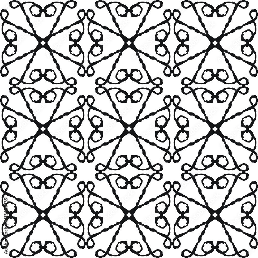 Fototapeta premium Simple geometric black zigzag lines with small circles in a freehand rough edge style repeating pattern against a white background, vector illustration
