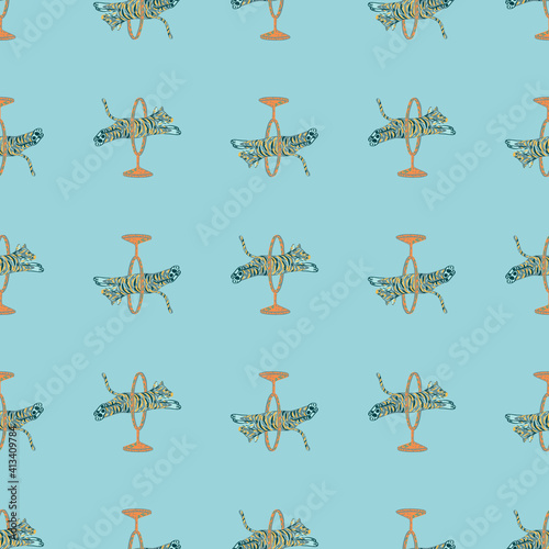 Wild zoo seamless pattern with doodle jumping tigers print. Blue bright background. Simple circus backdrop.