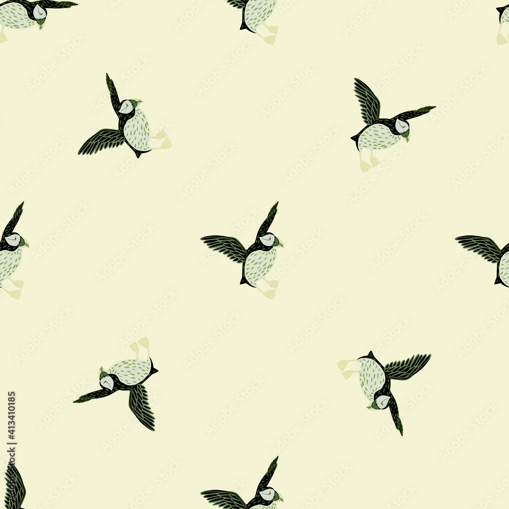 Fototapeta premium Seamless pattern in minimalistic style with decorative puffin print. Pastel background. Arctic animal backdrop.