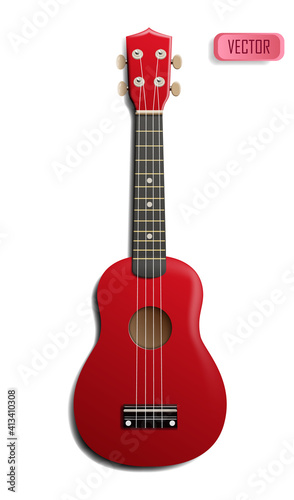 Ukulele realistic vector illustration. Acoustic classic hawaiian guitar with four strings