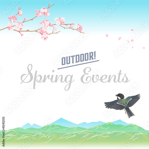 春の山と桜とかわいい野鳥シジュウカラのベクターイラスト