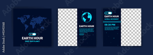 Collection of social media posts for the earth hour. Campaign for climate change awareness by turning off unused lights and electronic equipment for 1 hour.