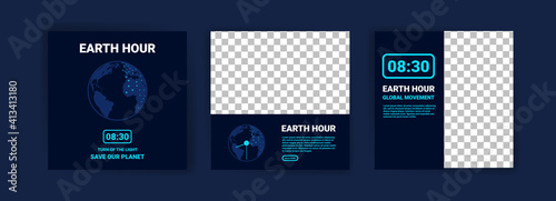 Collection of social media posts for the earth hour. Campaign for climate change awareness by turning off unused lights and electronic equipment for 1 hour.