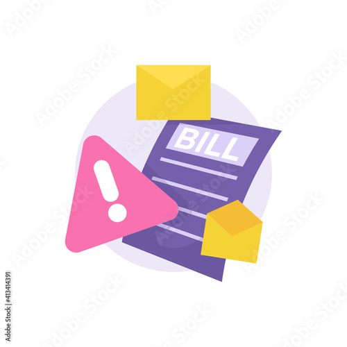 an icon concept about bill alerts, due, debt reminder, email alert. illustration of warning or exclamation mark, bill of paper, letter or envelope. flat style. vector design element