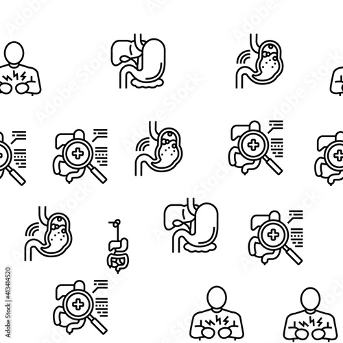 Digestion Disease And Treatment Icons Set Vector. Digestion System And Gastrointestinal Tract, Examining And Consultation, Heartburn And Gassing Black Contour Illustrations