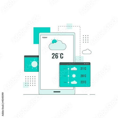 Flat line design concept of weather forecast concept. Illustration for websites, landing pages, mobile applications, posters and banners