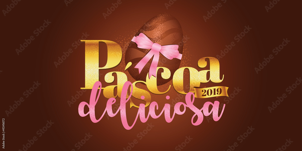 Portuguese brazilian title saying delicious easter. Easter design, golden easter logo elements, colorful ribbons. Vector illustration greeting card, ad, poster, flyer, web-banner, promotion