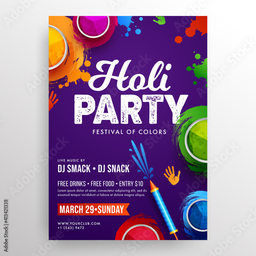 Holi Party Flyer. Colorful holi powder, color splash and water gun on dark purple background for poster, flyer, brochure and social media.