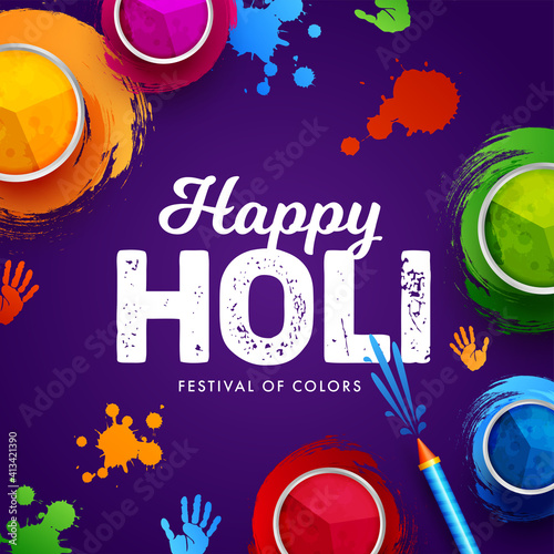 Holi background. Colorful holi powder, color splash and water gun on dark purple background. Vector illustration