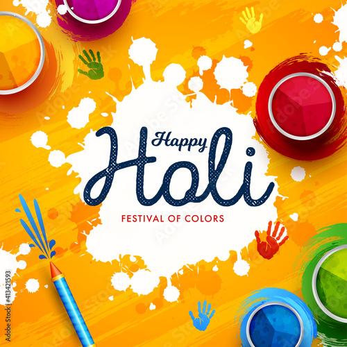 Holi background flat lay. Colorful holi powder and water gun on yellow background with color splash. Vector illustration