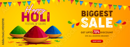 Vector illustration of Holi banner for sale and promotion for Festival of Colors celebration with message biggest sale.