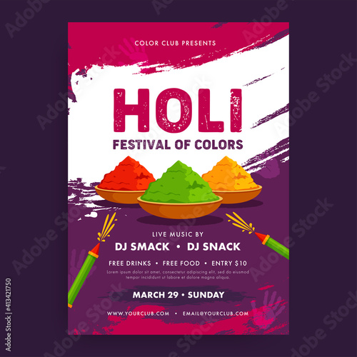 Holi Party Flyer. Colorful holi powder, color splash and water gun on dark purple background for poster, flyer, brochure and social media.