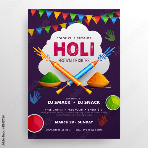 Holi Party Flyer. Colorful holi powder, color splash and water gun on dark purple background for poster, flyer, brochure and social media.
