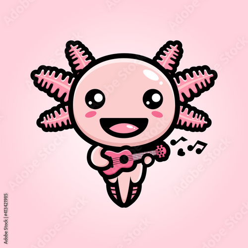 cute axolotl cartoon vector design playing guitar