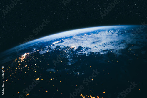 Planet earth globe view from space showing realistic earth surface and world map as in outer space point of view . Elements of this image furnished by NASA planet earth from space photos. photo