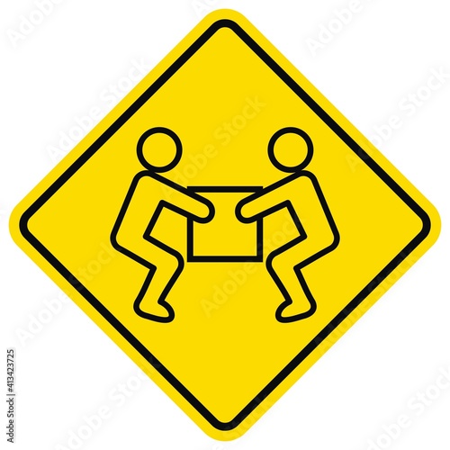 warning sign, handling heavy loads, vector icon, yellow background, frame