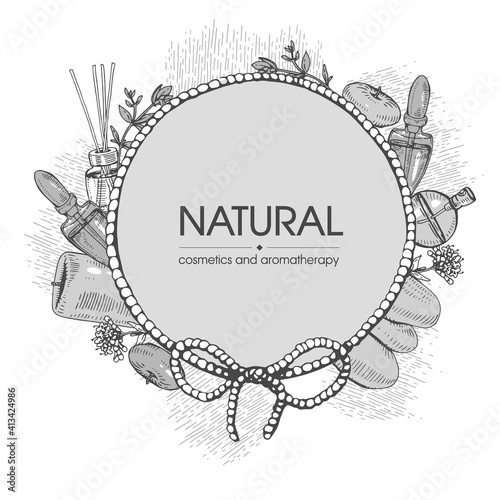 Frame with aromatherapy accessories. Detailed hand-drawn sketches