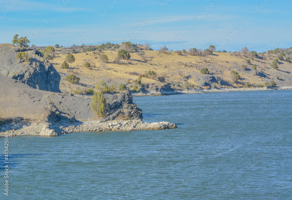 Low water level exposing the rocky shore of the Snake River In Northern Idaho