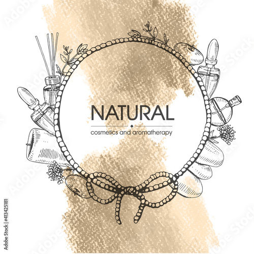 Frame with aromatherapy accessories . Detailed hand-drawn sketches