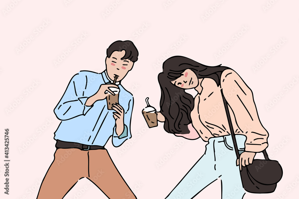 Fototapeta premium Portrait of a couple holding cup with drink and looking at camera isolated background hand-drawn style vector illustration