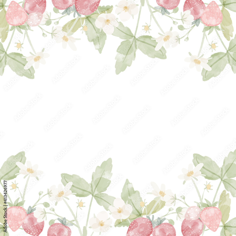 watercolor hand drawn wild strawberry square banner