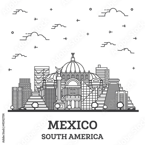 Outline Mexico City Skyline with Historical Buildings Isolated on White.