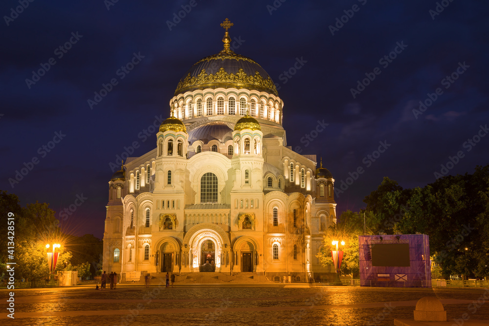 Naval Cathedral of St. Nicholas the Wonderworker on a July night. Kronshtadt, Russia