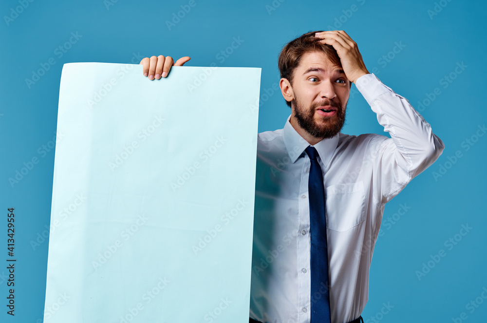 man in shirt with tie banners in the hands of an official advertising marketing man in shirt with tie banners in the hands of an official advertising marketing