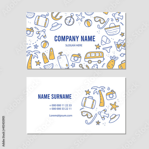 Hand drawn visit card of travel summer vacation elements, luggage, map, suitcase, sea star. Doodle sketch style. Travel element drawn by digital pen. Illustration for business card design template.