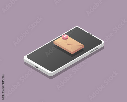 Smartphone email concept. Receiving messages and emails. Isometric colored vector illustration. 
