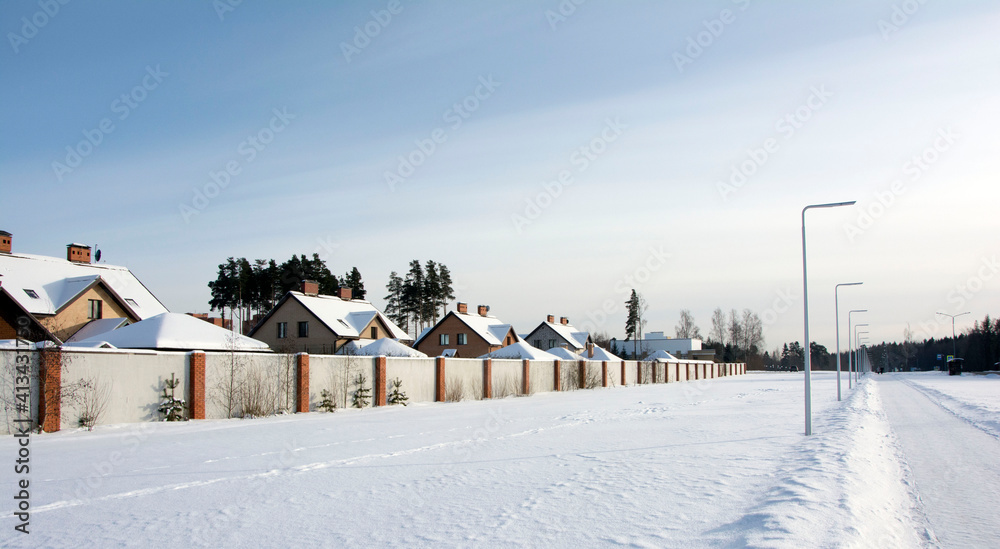 cottage village on a clear sunny winter day