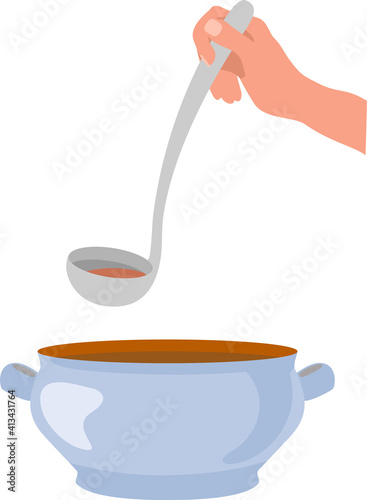 Hand with a ladle. Kitchen accessory. Hand scoops soup with a ladle from an tureen. Metallic kitchen accessory ladle. Soup ladle kitchen appliance.