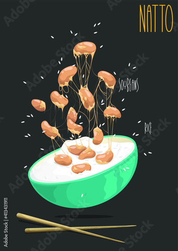 Natto. Fermented soybeans, Japanese healthy traditional food. Vector illustration