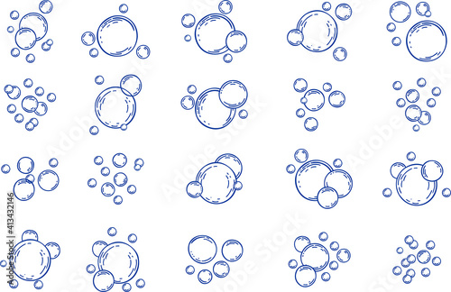 Soap bubble line icons set. Vector Soap water bubbles, Soap foam, fizzy drink, oxygen bubble pictogram, effervescent effect illustrations, outline signs. Bubbles isolated linear icons