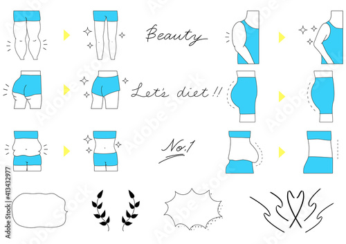 ダイエットのアイコンセット　体のパーツのビフォーアフター