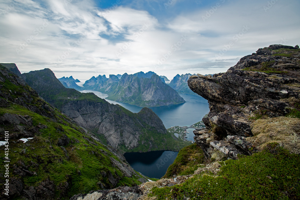 Reinebringen, Lofoten, Norway. View over picturesque Norwegian landscape with mountains and fjord
