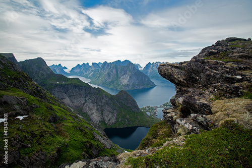 Reinebringen  Lofoten  Norway. View over picturesque Norwegian landscape with mountains and fjord