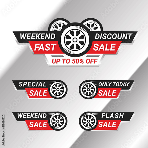 discount sale label collection with wheels automotive illustration