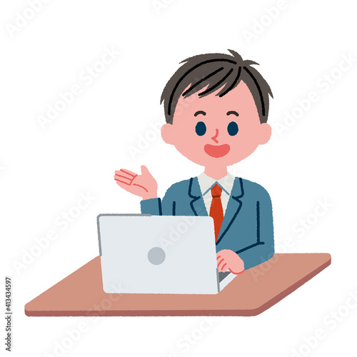 パソコンを使用している男子学生のイラスト素材