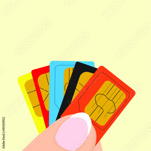 Various sim card on fingers.Vector illustration.